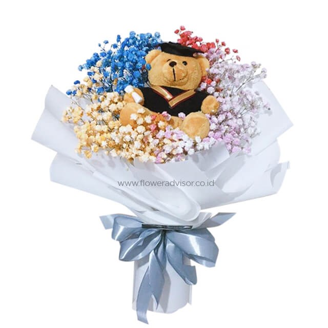 graduation flowers with bear